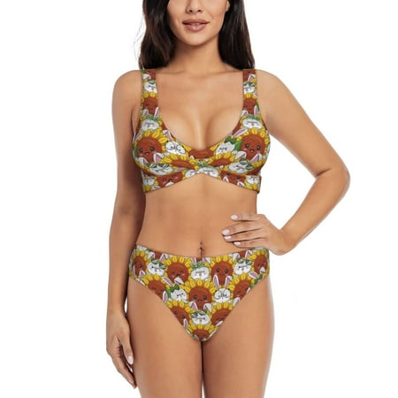 Zeuib Cartoon Sunflowers High Waisted Tummy Control Bikini Set - Knot Front Push Up Top & Cheeky Thong Bottom  Two-Piece Swimsuit for Women-X-Large