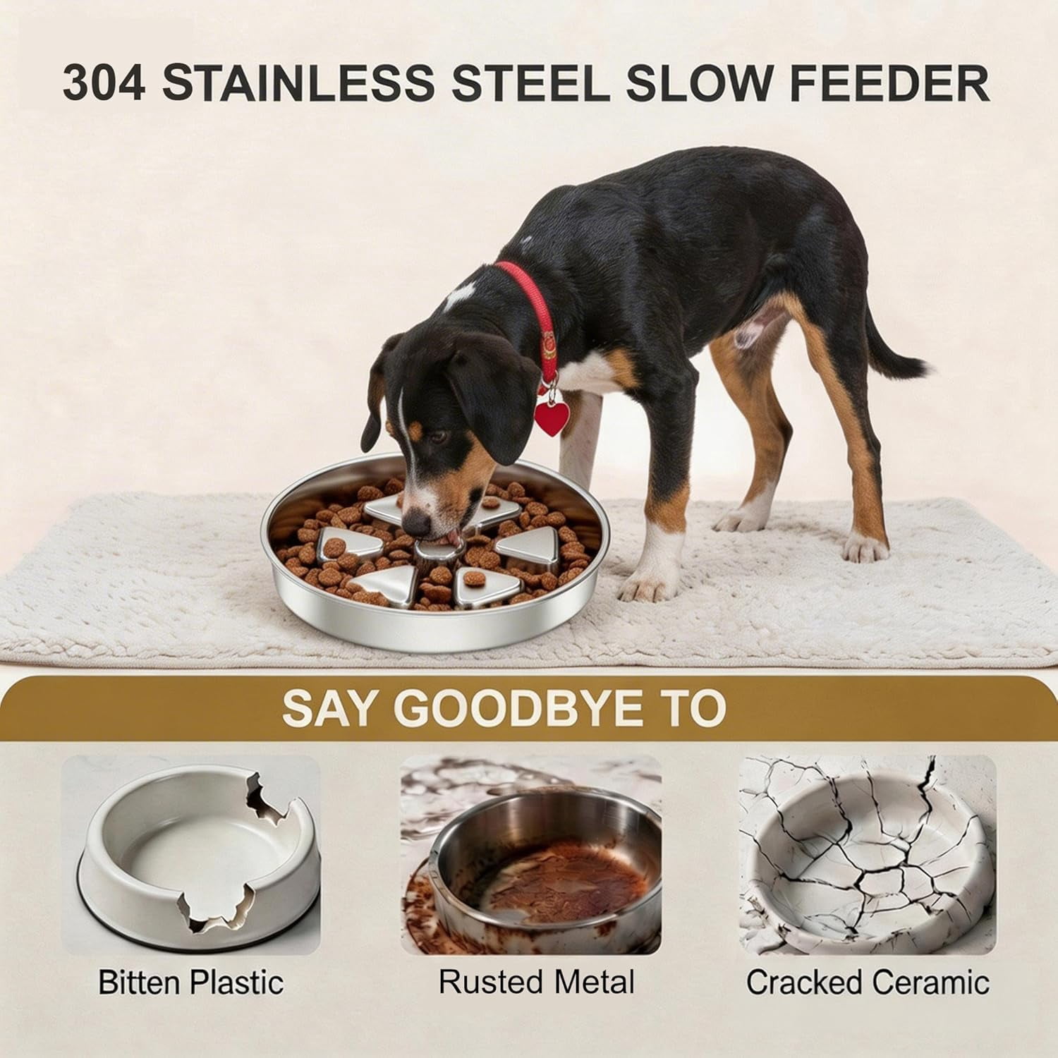 Stainless Steel Slow Feeder Dog Bowl, 3 Cup Heavy Duty Slow Eating Bowl, Deep Maze & Non-Slip Base for Medium Dogs & Large Breed Puppies, Dishwasher Safe