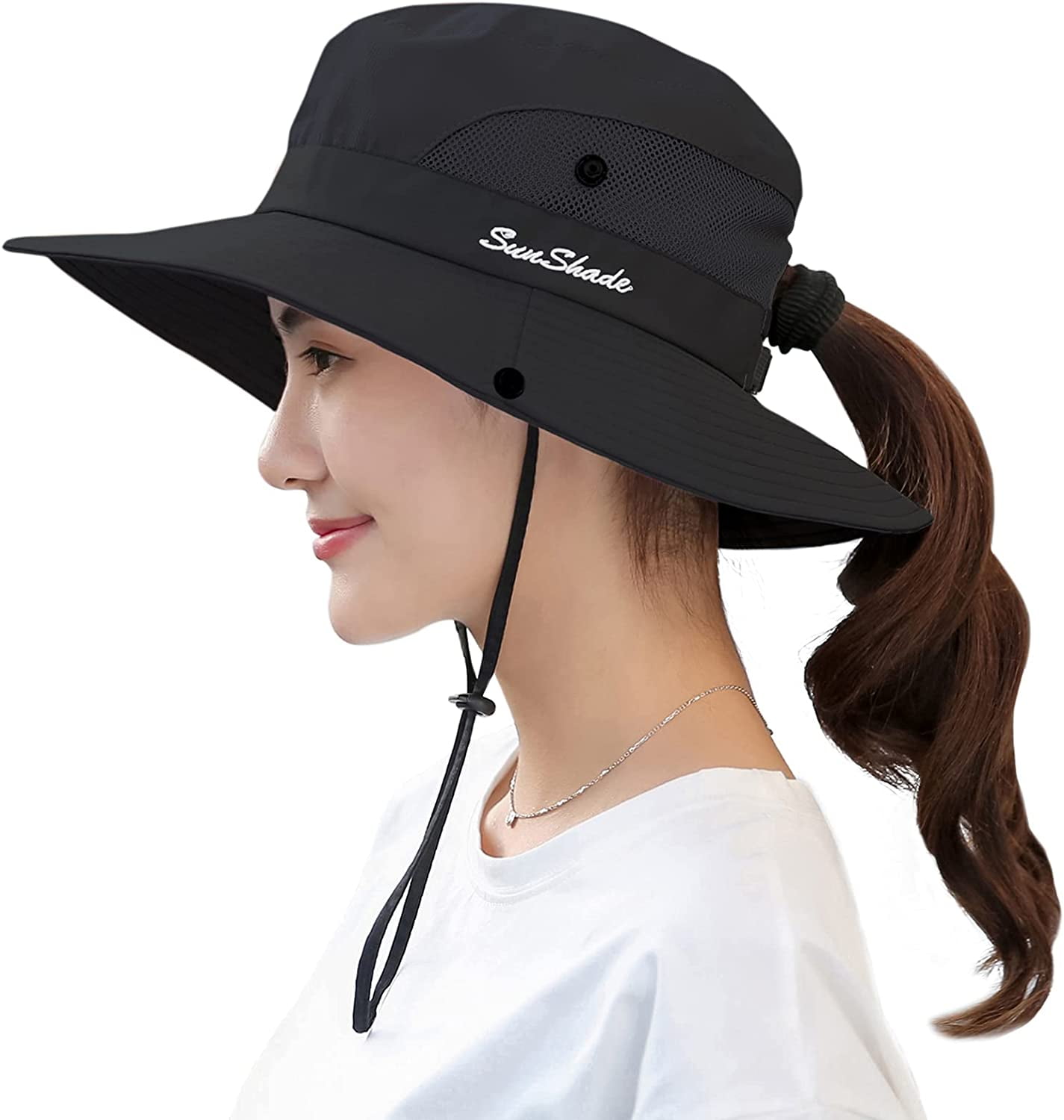 Sun-Hats for Women Solid Ponytail Wide-Brim Summer Beach Hats Adjustable 