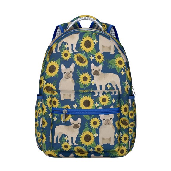 French Bulldog Sunflowers Floral Backpack for School,Cute School Bag,Schoolbag with Adjustable Shoulder Straps & Padded Back,15.3"x11"x7.1".