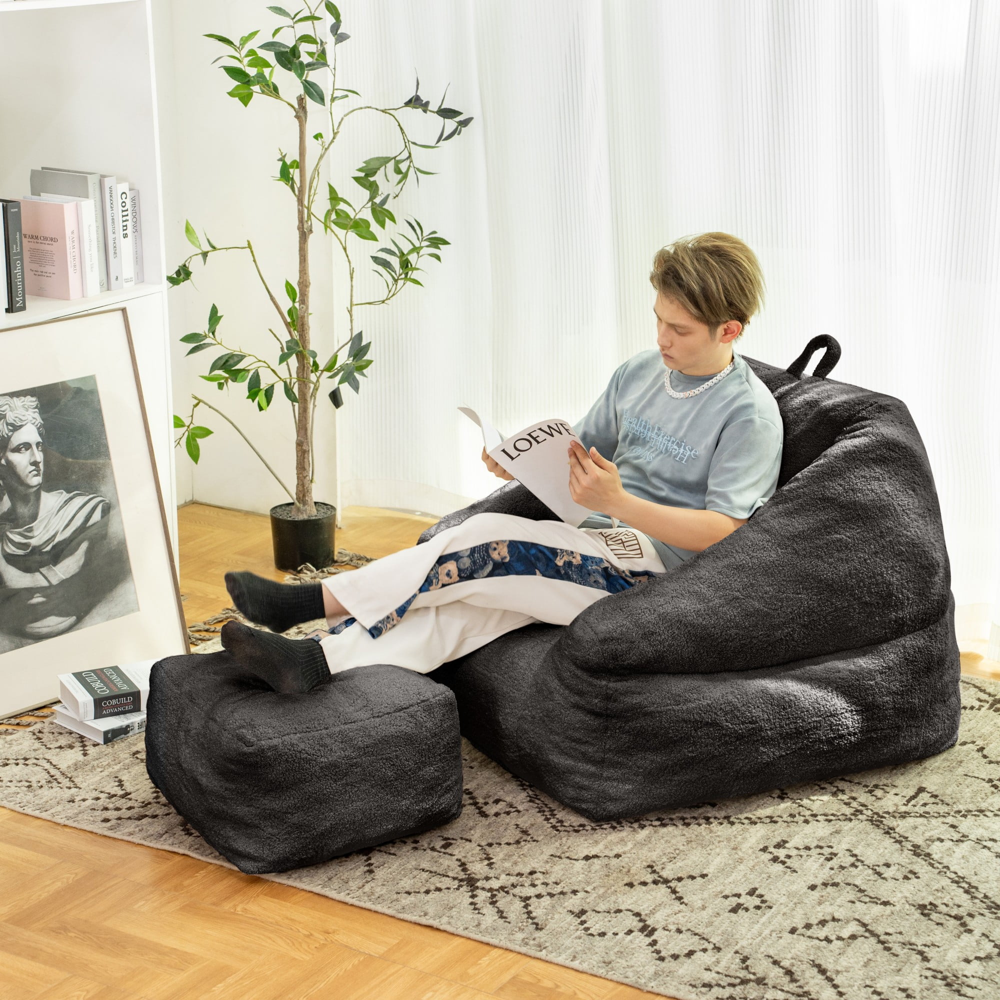 Bean Bag Chair for Adults,Upholstered Floor Sofa with Footstool,Large Lazy Sofa Plush Chair Bean Bag Couch for Bedroom Living Room,Black