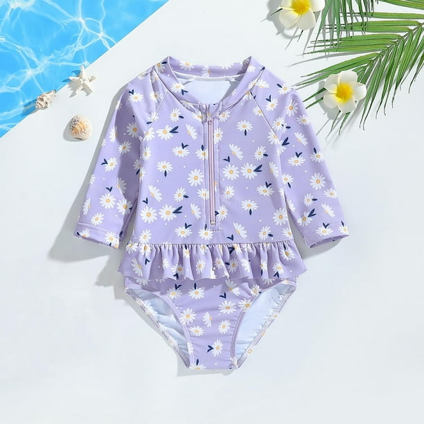 Traje de baño de una pieza para mujer, conjuntos de bikini para mujer, traje de baño con volantes y mangas largas estampado para niña, traje de baño de poliéster
