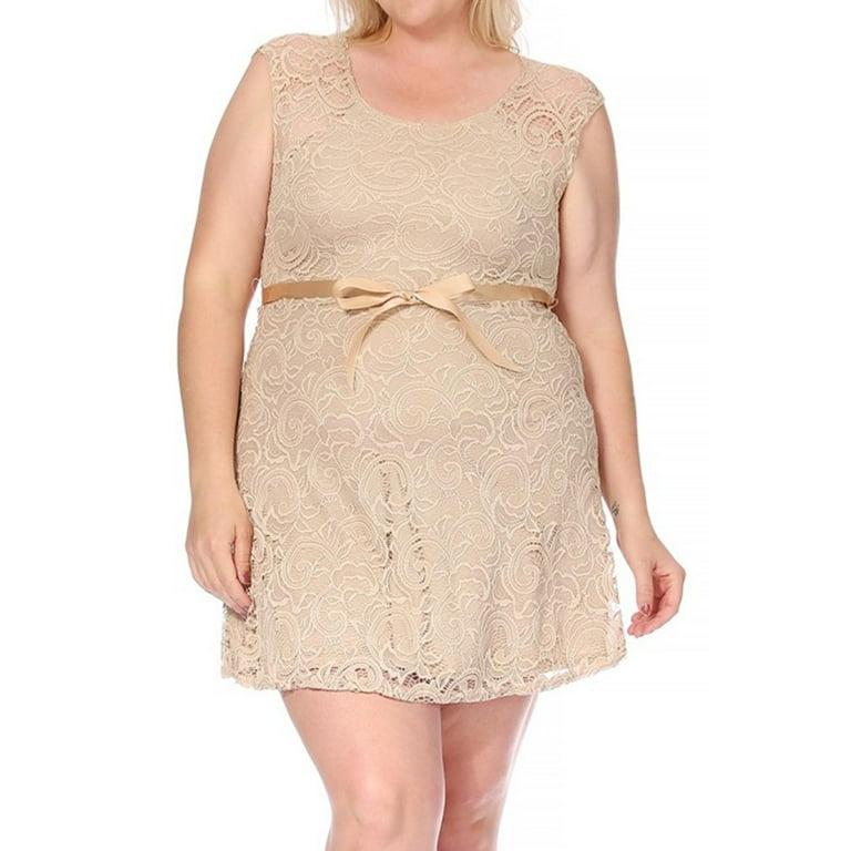 Women's Plus Size Sleeveless Lace Floral Elegant Cocktail Dress with satin  belted 