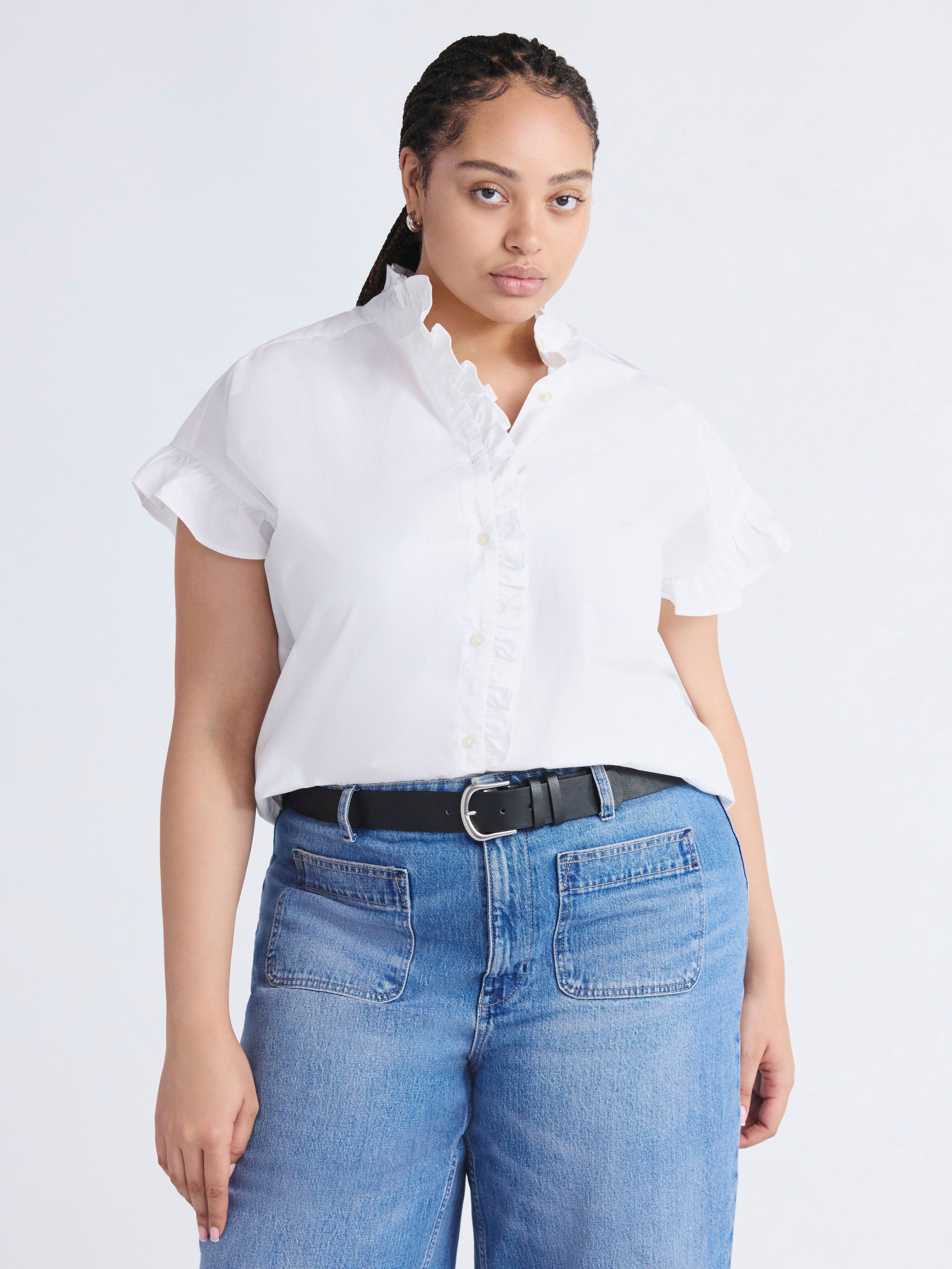 Free Assembly Women's and Women's Plus Ruffle Trim Neck Top with Short Sleeves, Sizes XS-4X