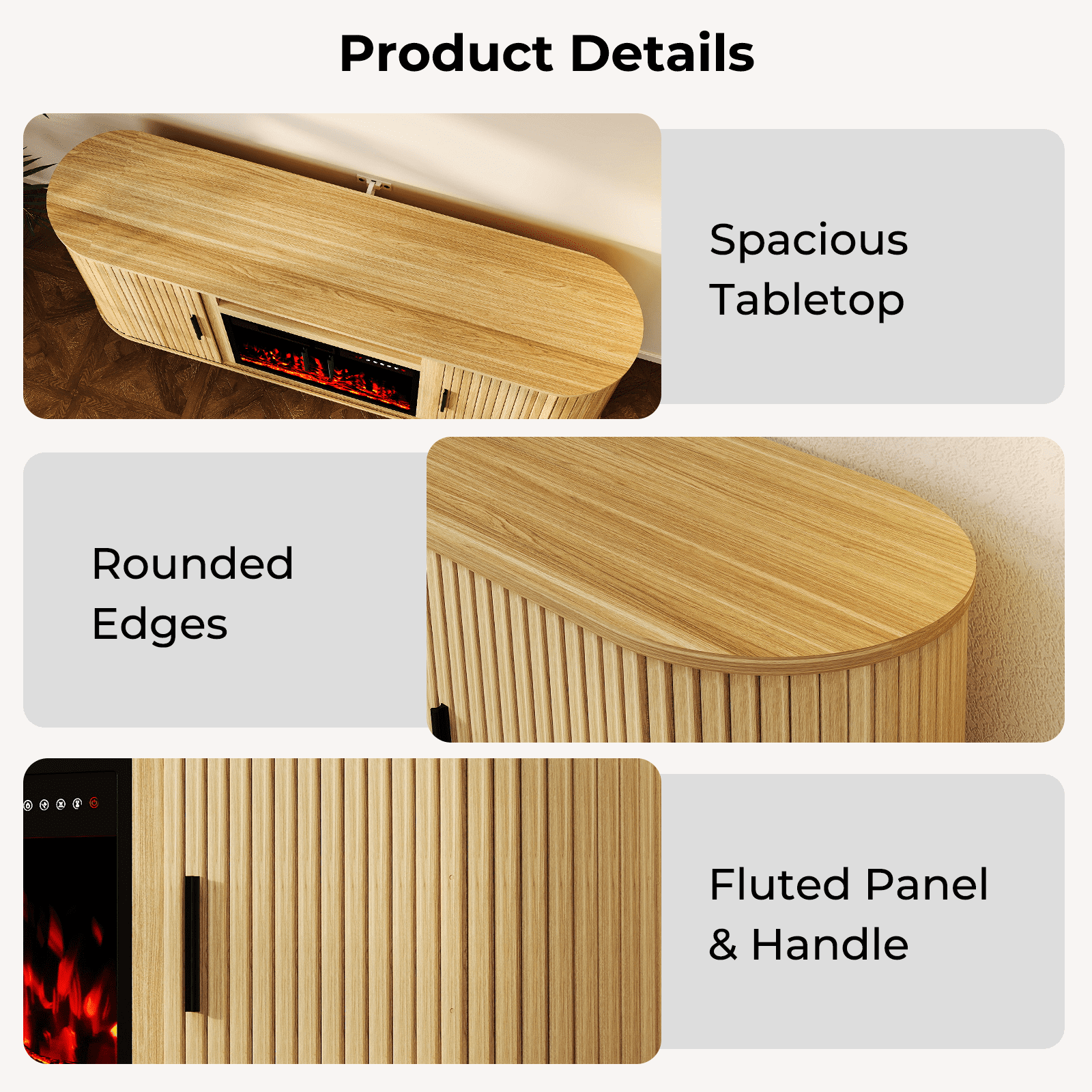 Flictozena 65’’ Modern Fluted TV Stand for TVs Up to 75’’ with 23’’ Electric Fireplace - Wooden Entertainment Center, Curved Design, Sliding Doors & Storage Shelf, Natural Oak