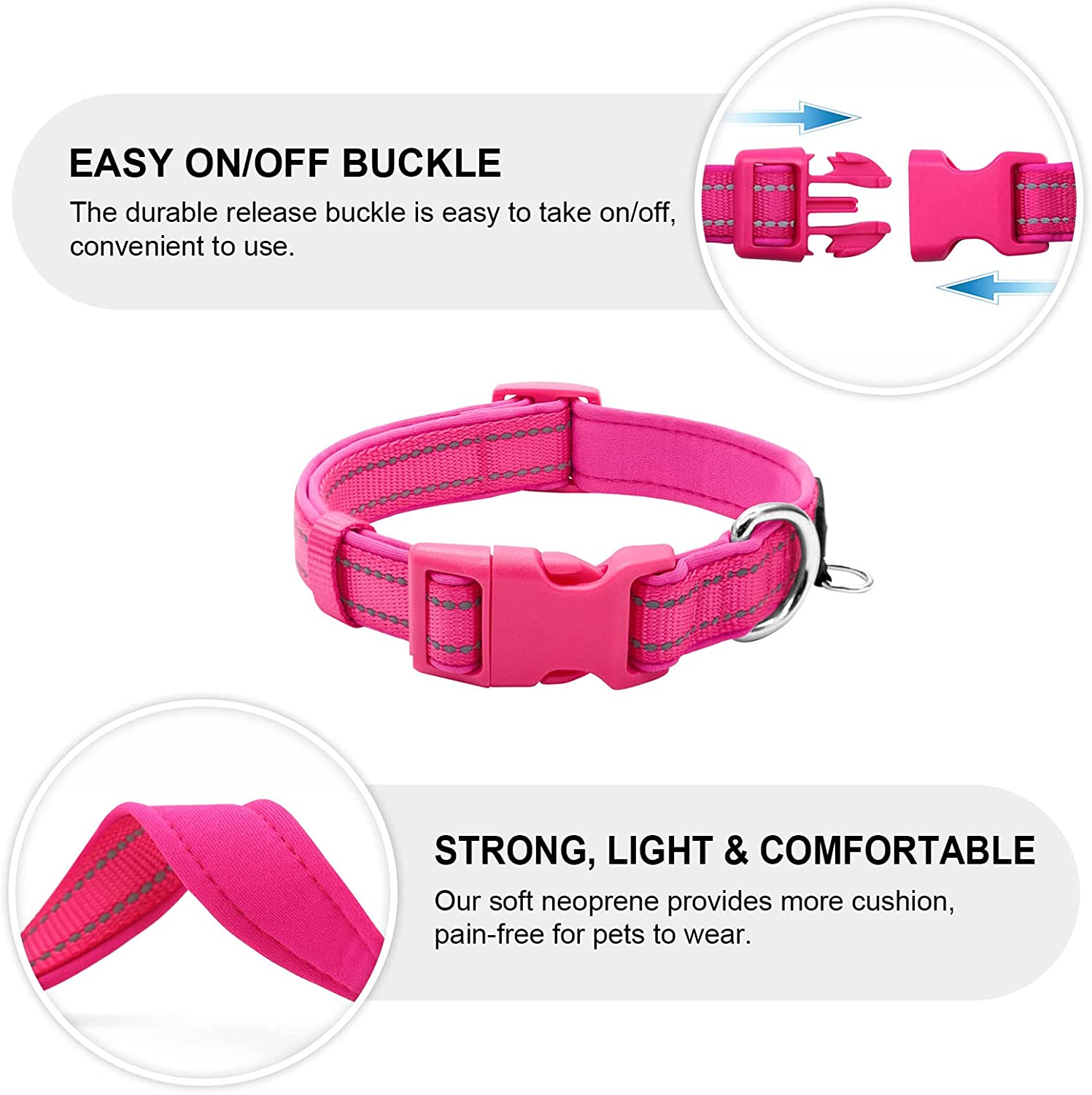 Azuza Reflective Dog Collar Neoprene Padded, Pink, Medium photo 4
