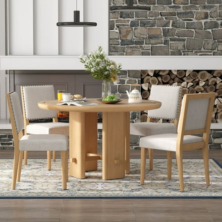 Euroco 5-Piece Round Dining Table Set for 4,Farmhouse Kitchen Table with 4 Upholstered Chairs and Wood Frame,Kitchen Set for Dining Room,Natural
