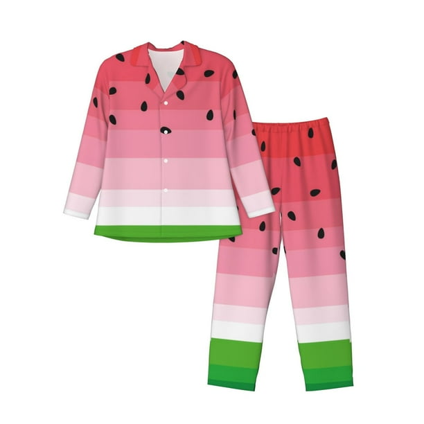 Balery Watermelon Pijama para Hombre de Dos Piezas con Manga Larga, Conjunto de Dormir y Descanso Suave con Bolsillos-Large