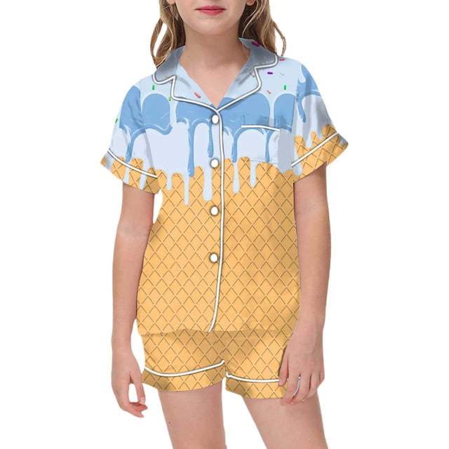 Hiiyo Girls Pajamas Ice-Cream Print Short Sleeve Button Shirt Shorts Sleepwear Set