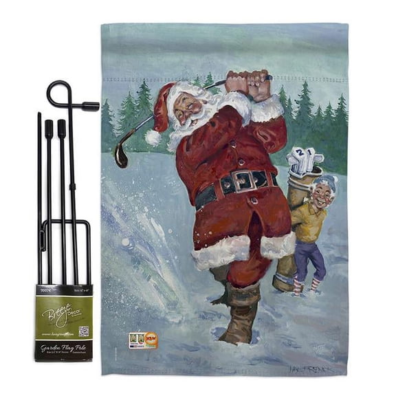 Breeze Decor BD-XM-GS-114121-IP-BO-D-US16-AL 13 x 18.5 in. Snow Golfing Santa Winter Christmas Impressions Decorative Vertical Double Sided Garden Flag Set with Banner Pole
