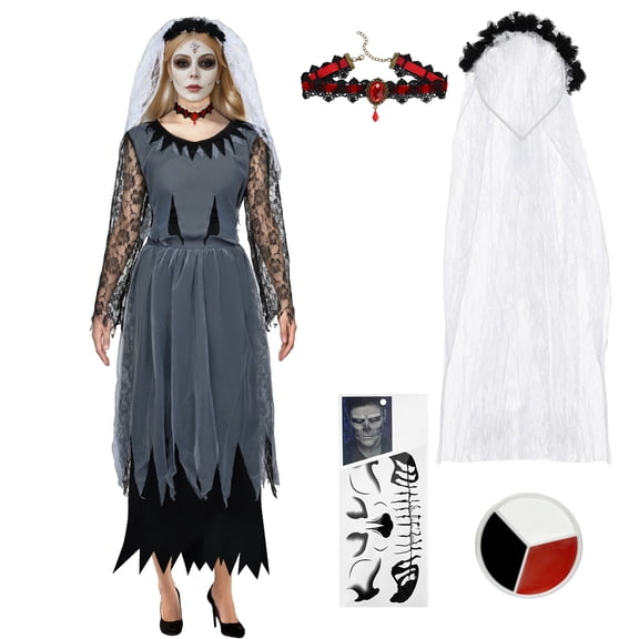 Alaiyaky Corpse Bride Costume Women Halloween Day of the Dead Zombie Dress Women's Dia de los Muertos Rose Flower Costume