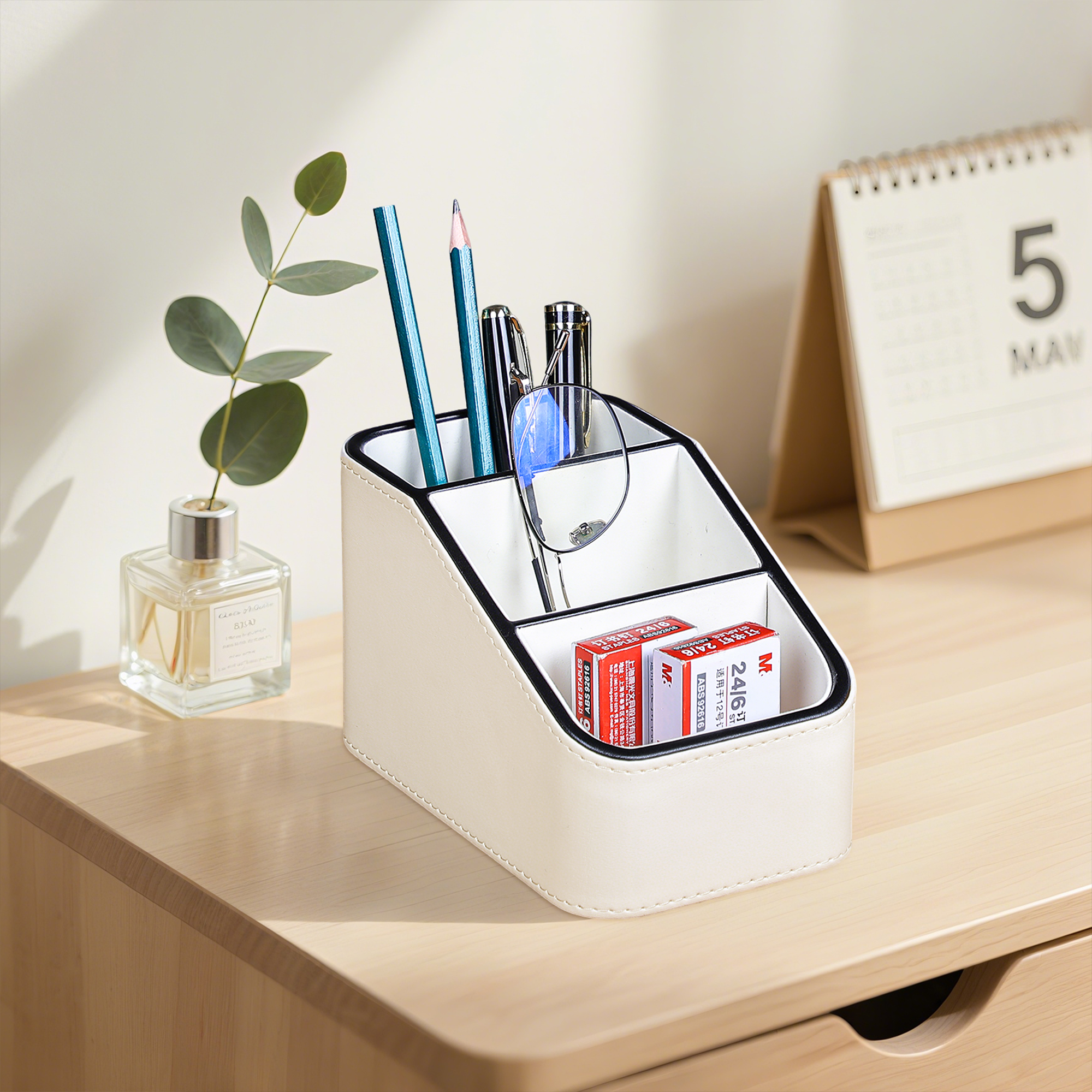 PU Leather Remote Control Holder, Small Desk Organizer Office Supply Bedside Caddy for Nightstand End Table Couch, Pen Remote Organizer with 3 Compartments (Cream)