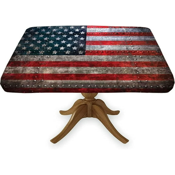American Flag Square Fitted Tablecloth, Flag Textured US Backdrop Table Covers, Fits 36x36 in Table, Elastic Edge Table Cloth for Outdoor Independence Day Party Banquet Dinner Use, Red Grey