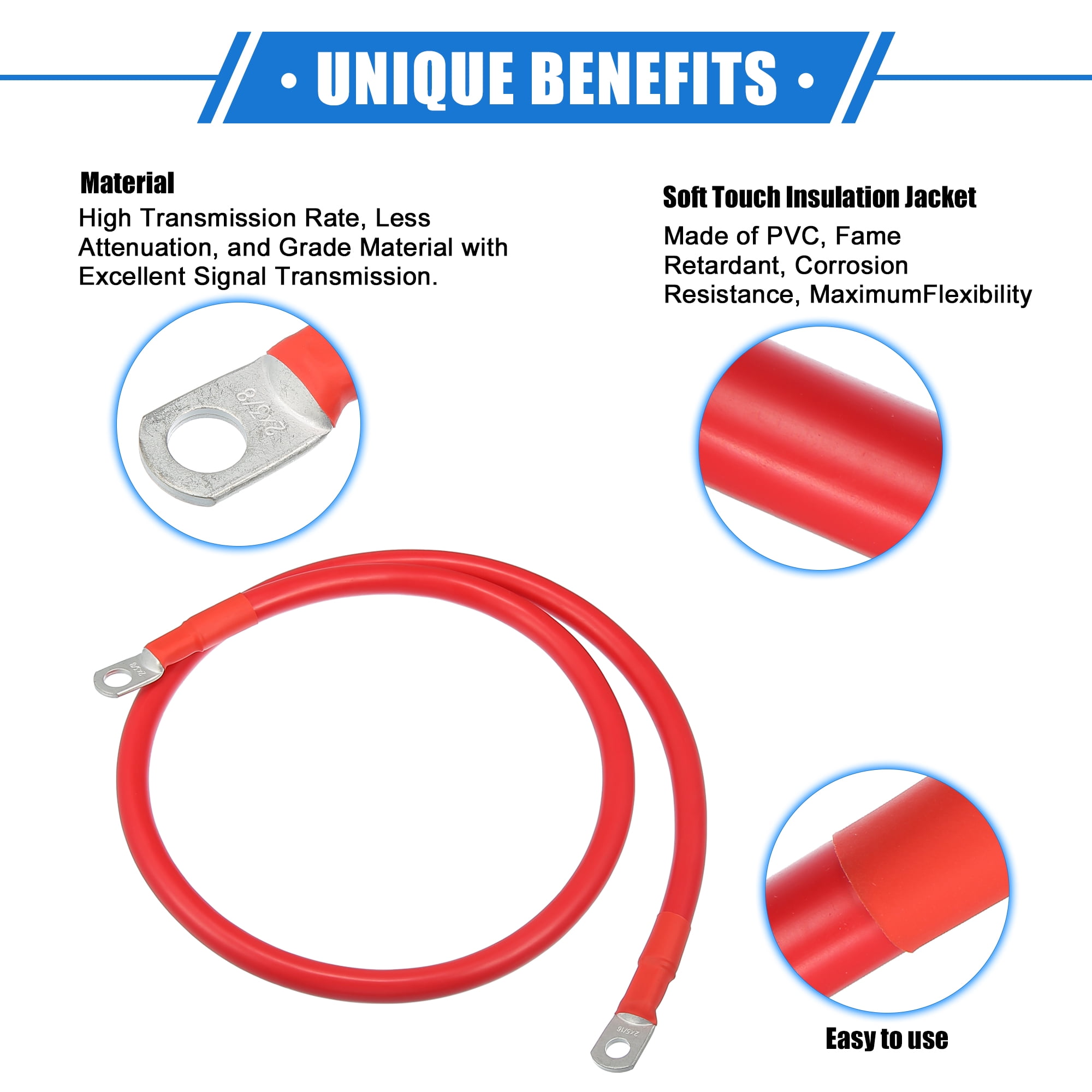 Unique Bargains 1 Pair 2 AWG Gauge 3ft Battery Inverter Cable with 3/8" 5/16" Ring Universal for Car Vehicle Black Red