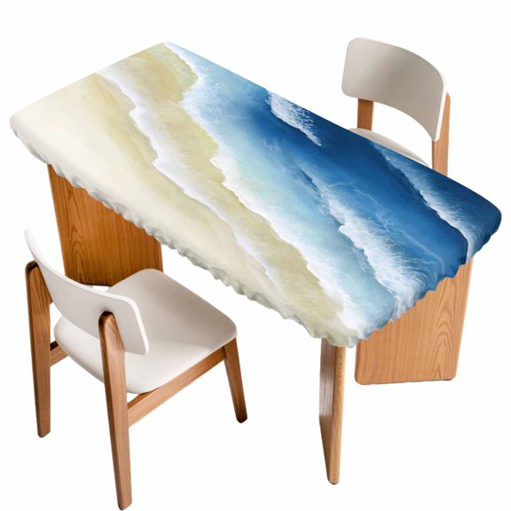 Navy Blue Ombre Ocean Table Cloths for 5 Foot Rectangle Tables, Watercolor Coastal Beach Waves Patio Waterproof Elastic Fitted Tablecloths, Washable Rectangular Table Cover for Camping