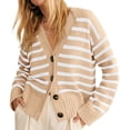 thumbnail image 2 of V Neck Button Down Long Sleeve Open Front Ribbed Knit Outerwear Womens Striped Cardigan Sweaters, 2 of 6