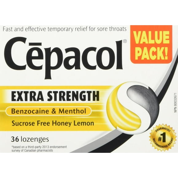 Cepacol Extra Strength, Sans Saccharose, Citron Miel, Pastilles pour les Maux de Gorge, Pack Valeur, 36 Num.
