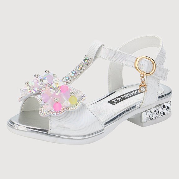 Gyujnb Girls Open Toe Sandals, Rhinestone Flower Low Heel Buckle, for Party Casual Summer (Girls),4.5-5 Years