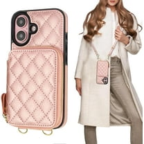 Crossbody Wallet Case for iPhone 16, RFID Blocking PU Leather Zipper Handbag Purse Flip Cover, Kickstand Folio Case with Card Slots Holder Wrist Strap Lanyard 5G 6.1 Inch (Rose Gold)