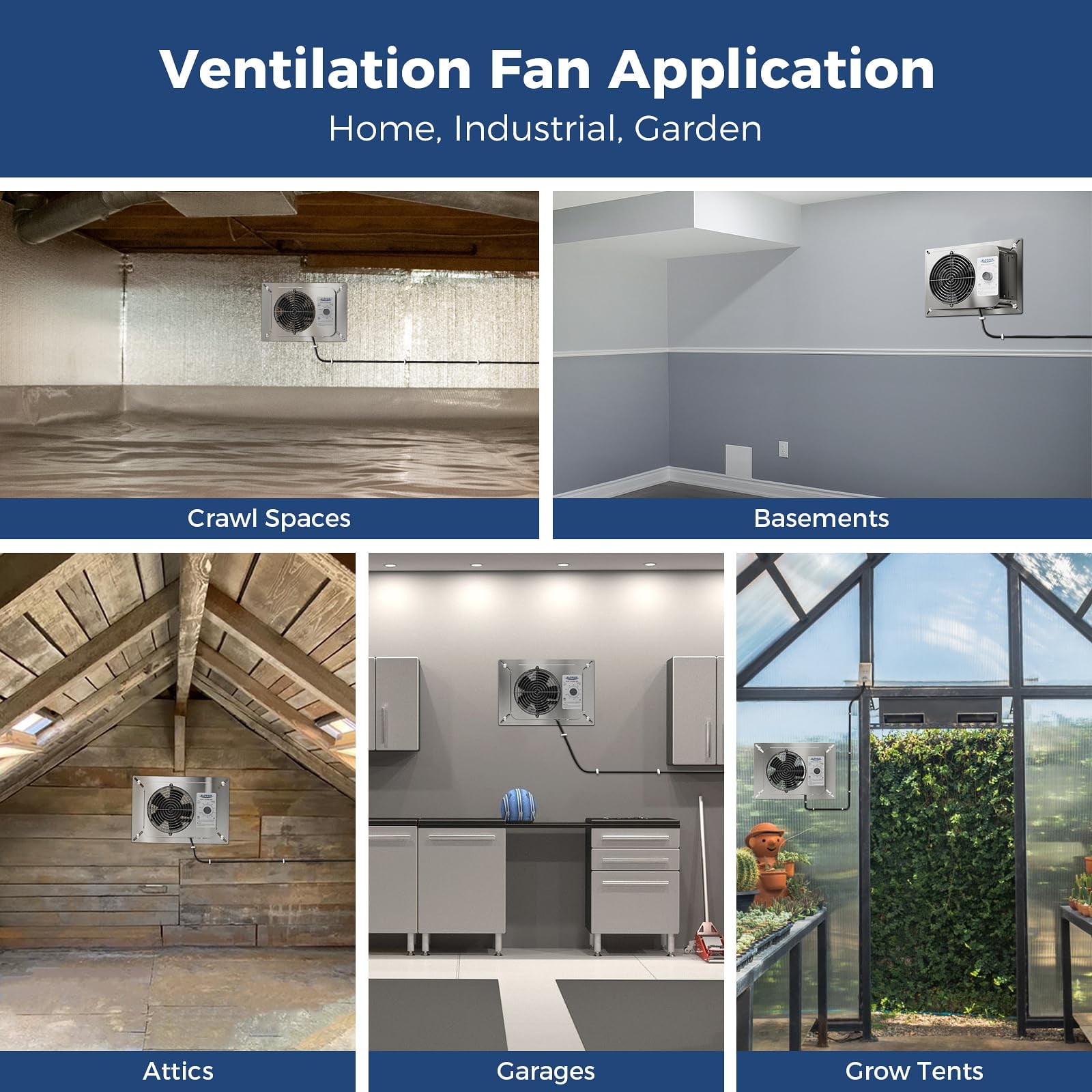 ALORAIR 300CFM Crawlspace Ventilation Fan with Humidistat, IP55 Rated Basement Stainless Steel Exhaust Fan, Built-In Isolation Net 6.7 Inch Foundation Vent Fan for Crawl Space, Garage, Attic,Grow Ten