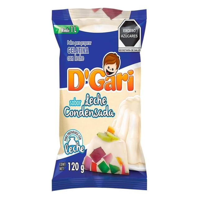 pack de 50 gelatina dgari leche condensada 50/120gr Paquete individual frontal de polvo para preparar gelatina D'Gari sabor leche condensada 120 g, empaque blanco y azul con logo D'Gari, leyenda 'Rinde 1 L' y sello 'Exceso Azúcares', foto de gelatina blanca con cubos de colores; suele usarse para preparar postres caseros.