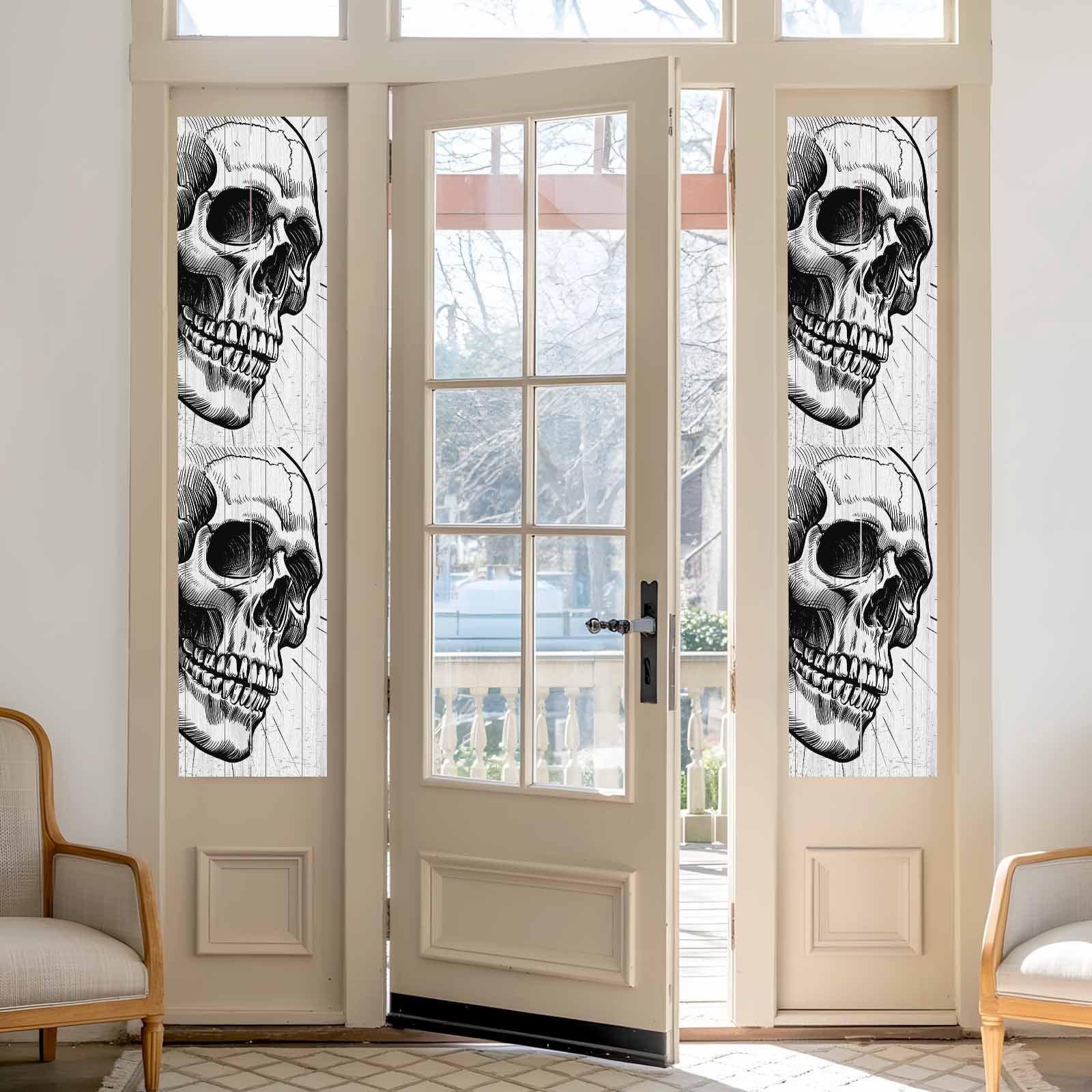 Horror Skull Window Privacy Film, Black Skeleton Spooky Halloween Static Cling UV Sun Blocking Heat Control Window Tint Day and Night, Non-Adhesive One Way Windows Privacy Cover 17.7''x78.7''