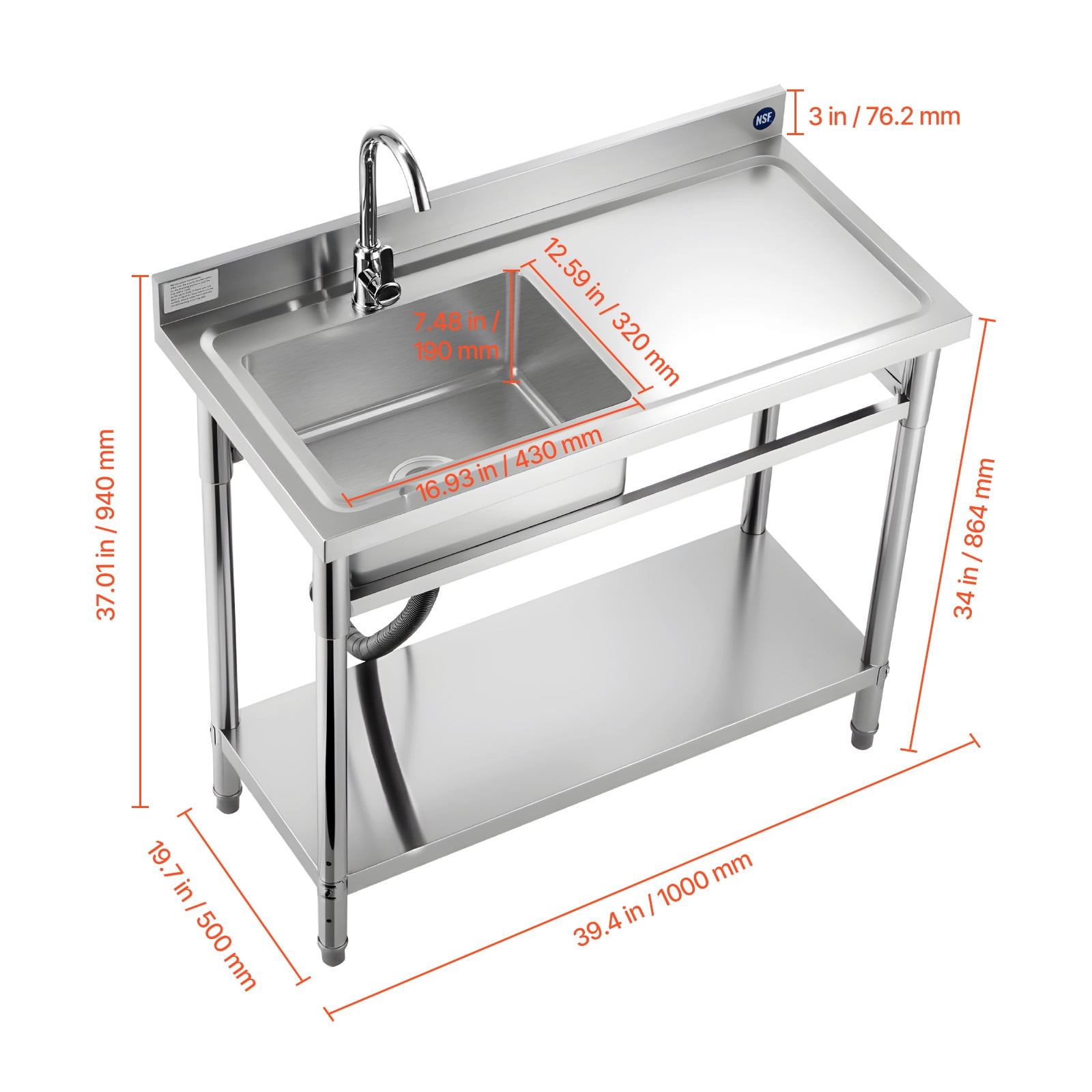 KFFKFF Stainless Steel Utility Sink, Free-Standing Single Bowl Commercial Kitchen Sink, 39.4" x 19.7" x 37", SUS201 Stainless Steel, Black, 1 Unit
