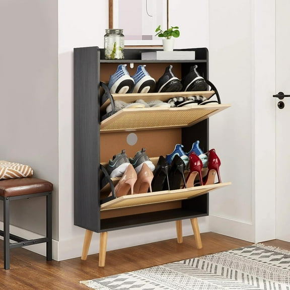 Shoe Cabinet - Hidden Shoe Storage with 2 Flip Rattan Flip-Drawer and Anti-Tip Design, Shoe Cabinet for Entryway, Foyer, Hallway, 12-15 Pairs Storage Organizer, MDF Frame,Black