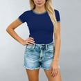 thumbnail image 2 of Kinrui Short Sleeve Fitted T-Shirts for Women Denim Patchwork Trim Casual Summer Tops Blue M, 2 of 6