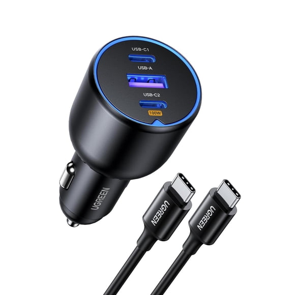Cargador de Coche UGREEN Negro 130W con Cable USB C 1M Carga Rápida para iPhone, Galaxy, Xiaomi y Ma