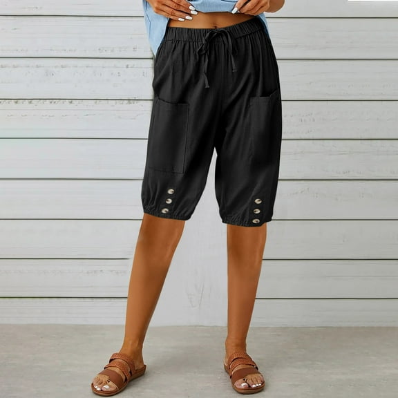 Up to 65% Off SEMPAI Women Summer Casual Elastic Waist Solid Color Pocket Capris