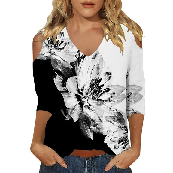 Cqxid525 Comfort Colors T-Shirts 3/4 Length Sleeve Womens Tops 2025 Spring Neck Casual Print Tunic T Shirts Three Quarter Length Womens Tops Black L