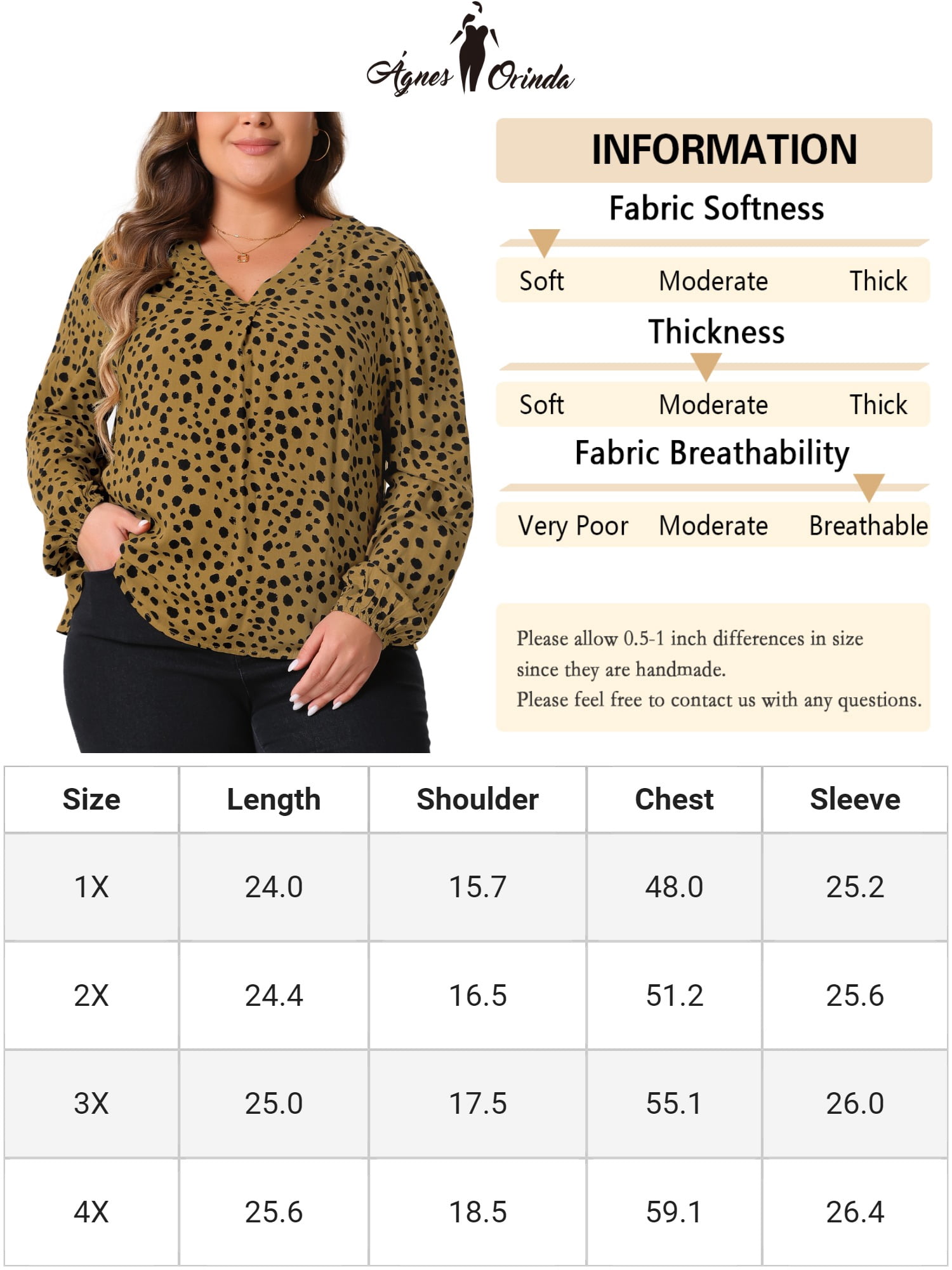 DARING DIVA Women's Plus Polka Dot V Neck Long Sleeve Blouse 2X Brown
