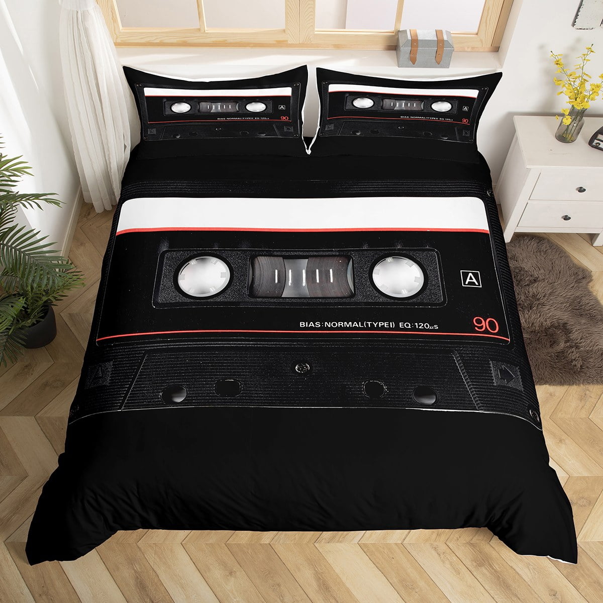 Black White Cassette Tape Comforter Cover 70s 80s 90s Party Bed Set