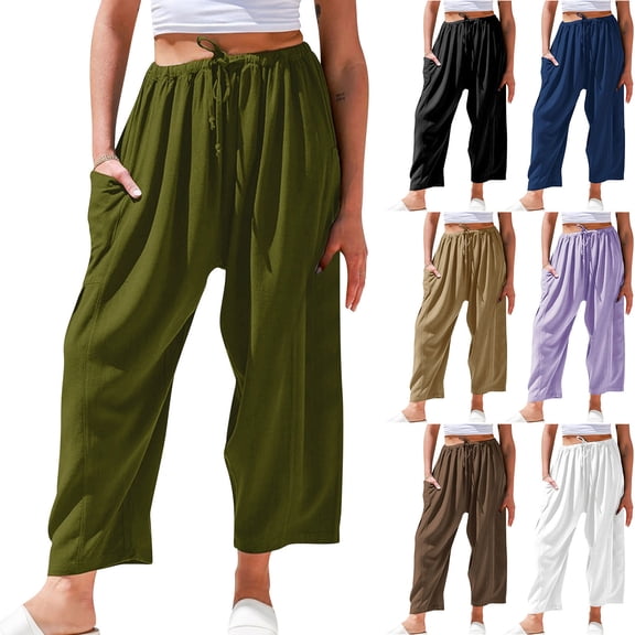 DDAPJ pyju Linen Pants for Women Wide Leg Palazzo Pants Drawstring Low Waist Harem Pants Casual Loose Lounge Trousers with Pockets Limited Time Sales Army Green XL