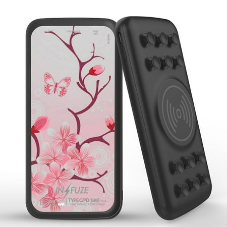 

INFUZE Qi Wireless Portable Charger for Orbic Myra 5G External Battery (12000 mAh 18W Power Delivery USB-C/USB-A Quick Charge 3.0 Ports Suction Cups) with Touchless Tool - Cherry Blossom Flowers
