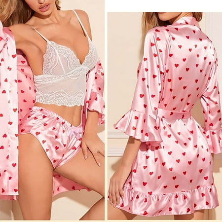 

Xysaqa Women s Fashion Satin Pajama Set 3pcs Floral Lace Cami Shorts Lingerie Silky Sleepwear with Robe