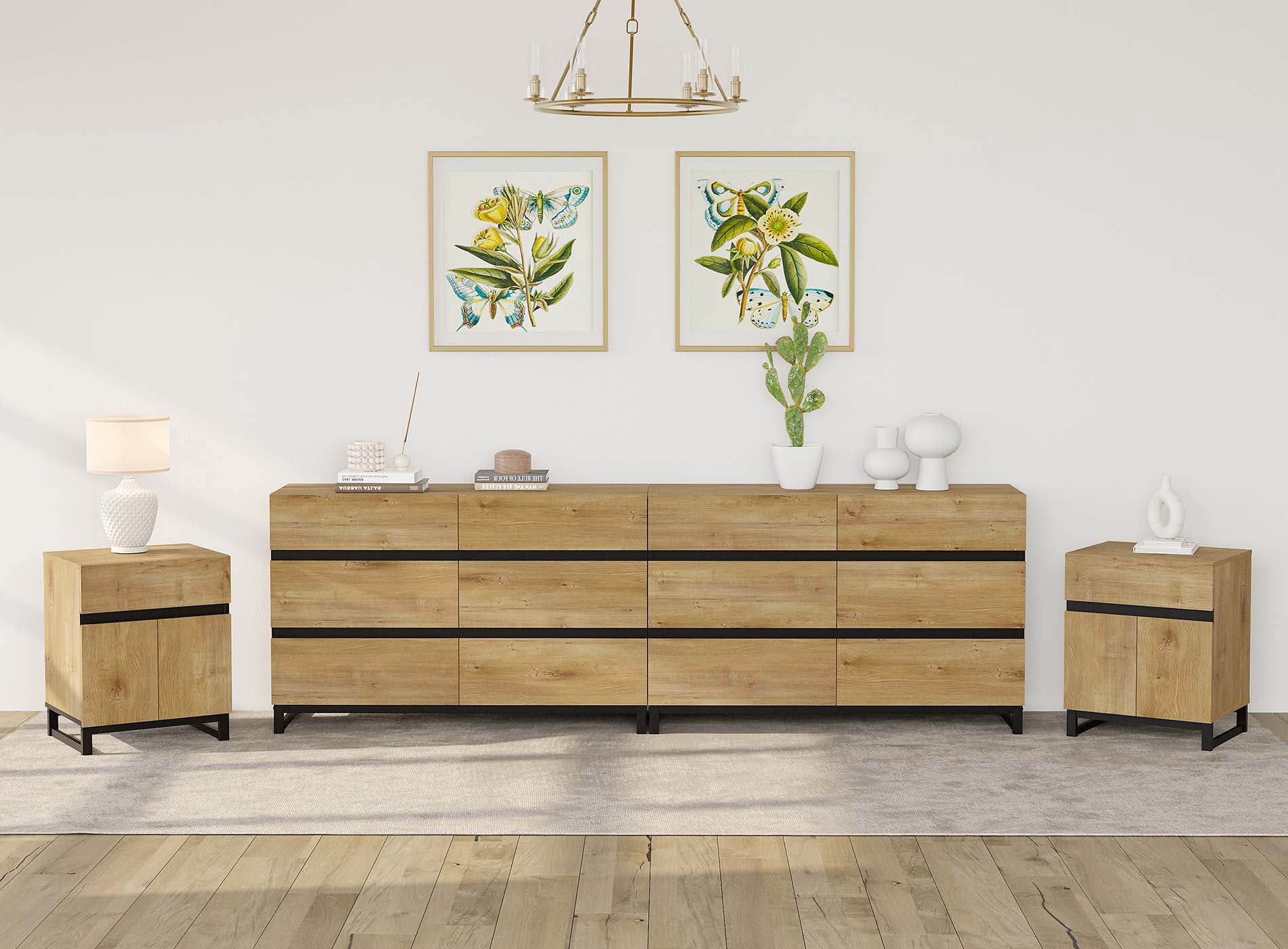 WAMPAT Modern 4-Piece Bedroom Furniture Set, 94.5 Inch Dresser with 12 Drawers & 2 Nightstands with Drawer and Cabinet Design, Oak