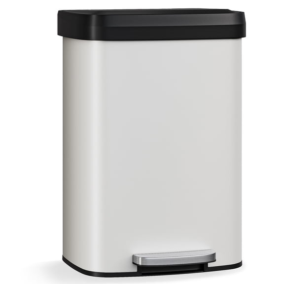 Modern Step-On Kitchen Trash Can – Stainless Steel Garbage Bin – 13 Gallon / 50L, Soft Close Plastic Lid, Liner Rim, Odor Control, Rear Handle, Rustproof – For Home or Office, White