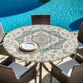 thumbnail image 6 of Beige Teal Boho Round Tablecloth, Fitted Table Cover with Elastic for 45"-54" Round Tables, Medieval Vintage Ethnic Floral Abstract Table Cloth Outdoor Indoor Dinning Party Waterproof Tablecloths, 6 of 7