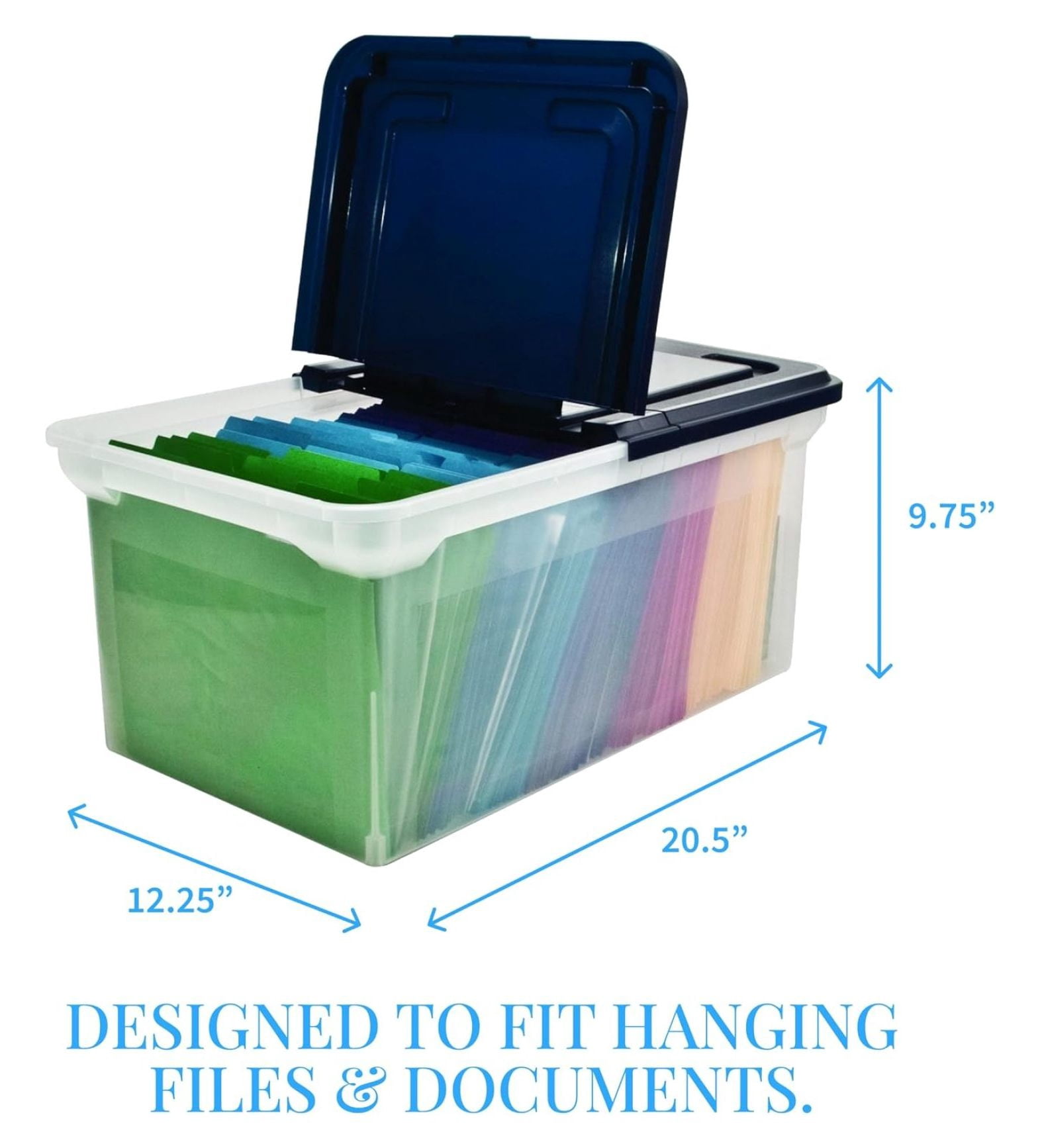 File Storage Document Organizer Box, Plastic File Tote with Hinged Lid for Hanging Files, Clear / Navy Color, Perfect for Hanging File Folders and Office Organization, File Organizer Single