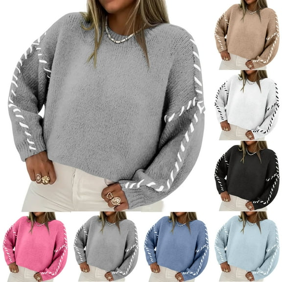 Ladies' Color Blocking Loose Casual Round Neck Knitted Sweater Long Sleeved Sweater Top for Fall Winter Statement Looks,Black,L