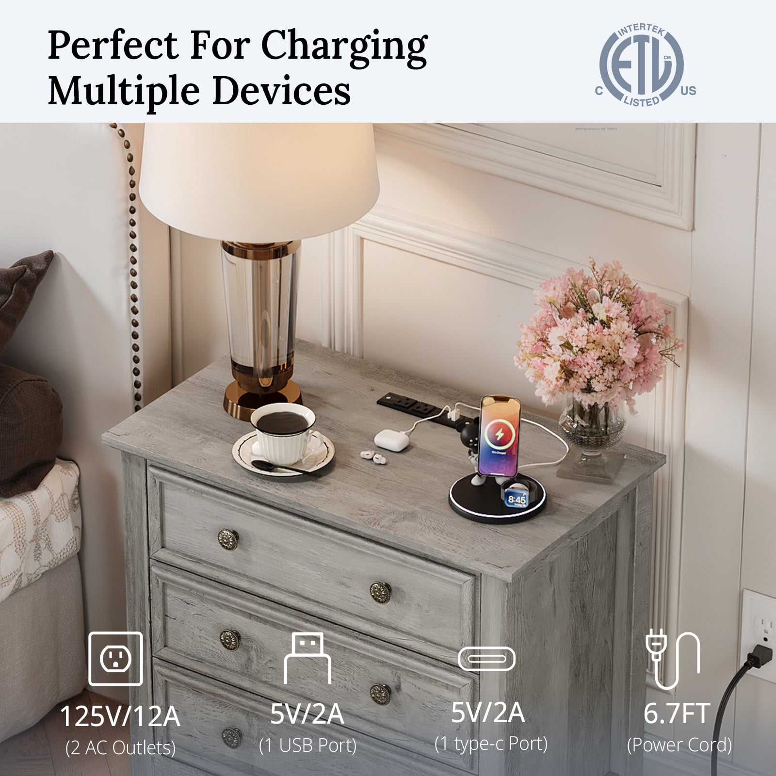 Holliwill 26.7" Wide Nightstand Set of 2 with Charging Station, Farmhouse Nightstands with 3 Drawers, End Table Bedside Table for Bedroom Enrtyway Living Room, Gray