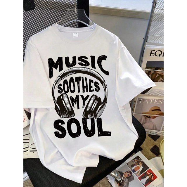 Teen Girl Headphone And Slogan Print Graphic Tees For Girl Short Sleeve T Shirts,Teen Girl's Summer Tops Crewneck Shirt Blouse