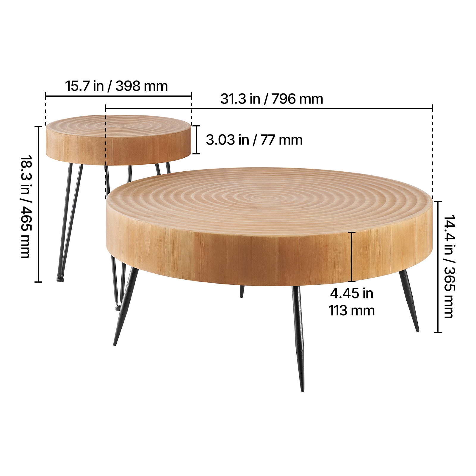 KFFKFF 2-Piece Round Coffee Table Set, 31.3-Inch Industrial Style with Side Table, Easy-to-Assemble Tables with Metal Legs for Living Room, Office, or Apartment