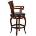 BizChair 30'' High Cherry Wood Barstool with Arms, Panel Back and Black LeatherSoft Swivel Seat