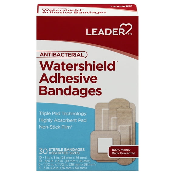 Leader Waterproof Antibacterial Watershield Adhesive Bandages Minor Cuts & Scrapes, Assorted Sizes, 30ct