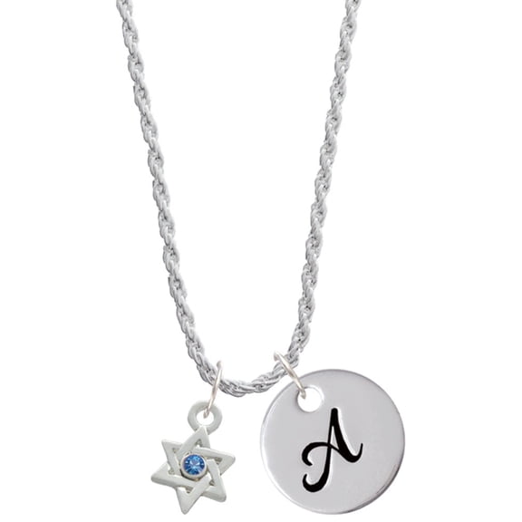 Delight Jewelry Silvertone Mini Star of David with Blue Crystal Silvertone Script Initial Disc - A - Charm Necklace, 20" 3"