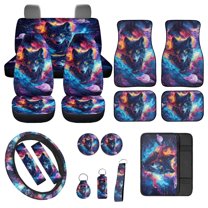 Jeiento Wolf 17 Pcs Seat Cover Full Sets, Front Rear Covers, Floor Mats, Steering Wheel Cover, Armrest Pad, Seat Belt Pads, Coaster - Universal Fit Car Interior Accessories Outer Space Planet