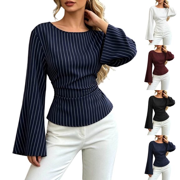 Tqcoqu Women's Stripe Boat Neck Flare Long Sleeve Blouse,Ruched Waist Slim Fit Casual Trendy Crop Top Shirt